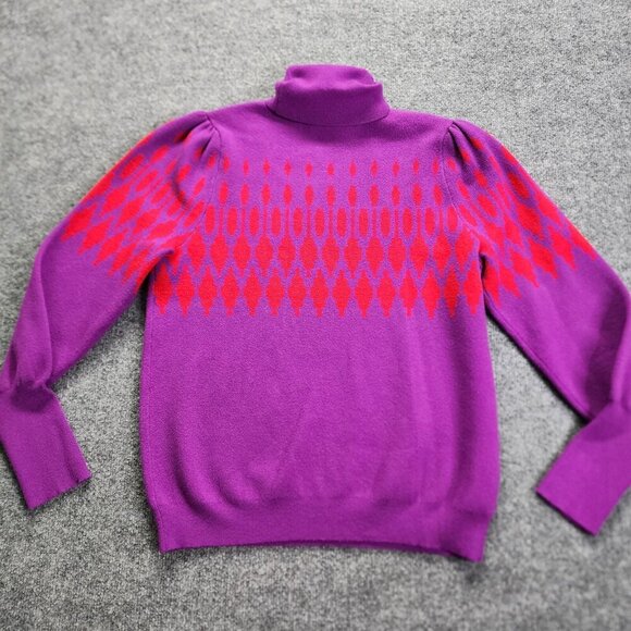 Ann Taylor Fair Isle Turtleneck Sweater Womens Large Purple Red Balloon Sleeve - Picture 10 of 13